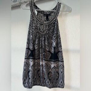 Black and White Paisley Tank with Jeweled Neckline